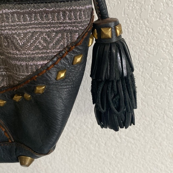 ISABELLA FIORE Studded Soft Thick Black Leather with Gold Silver Fabric Bag - Picture 4 of 14
